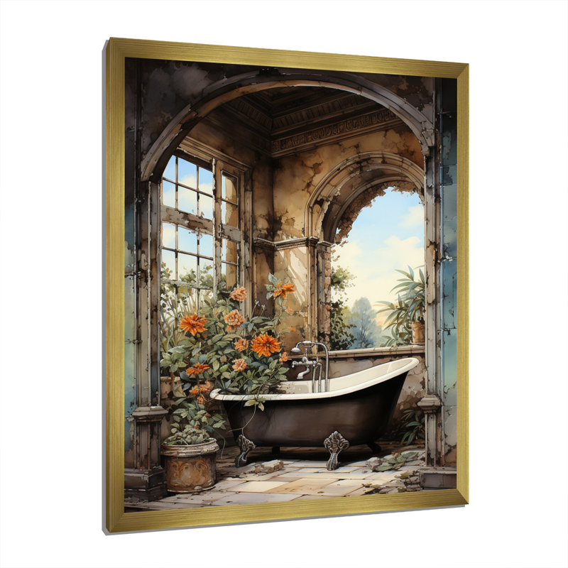 «Ceili Bathroom Vintage Tiles IV - Art mural de salle de bain», Encadrement doré, H 44 po x l 34 po x P 1,5 po