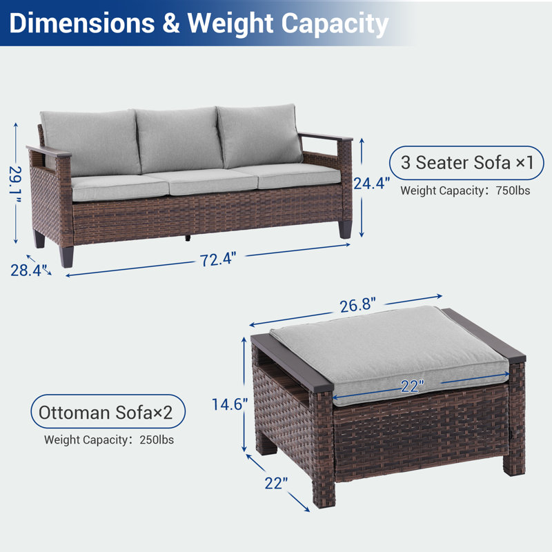 3-Piece Patio Sofa Sets with Ottomans, PE Rattan Wicker for Patio , Deck and Yard, Leaden Gray
