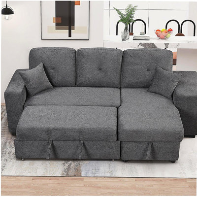 Canapé-lit pliant avec cadre latéral et 2 accoudoirs, canapé-lit coulissant en forme de L avec fauteuil inclinable de rangement, canapé-lit d'angle avec fonctionnement à gauche et à droite, convenant au salon, noir et bleu