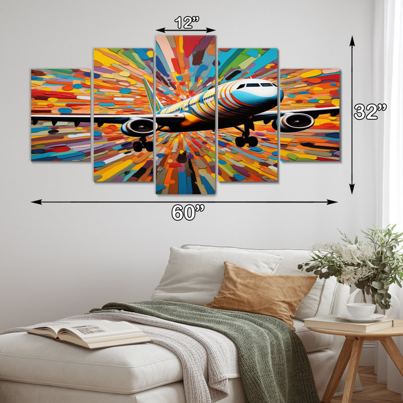 Avion coloré fantaisiste décollage - transport mural art salon - 5 panneaux
