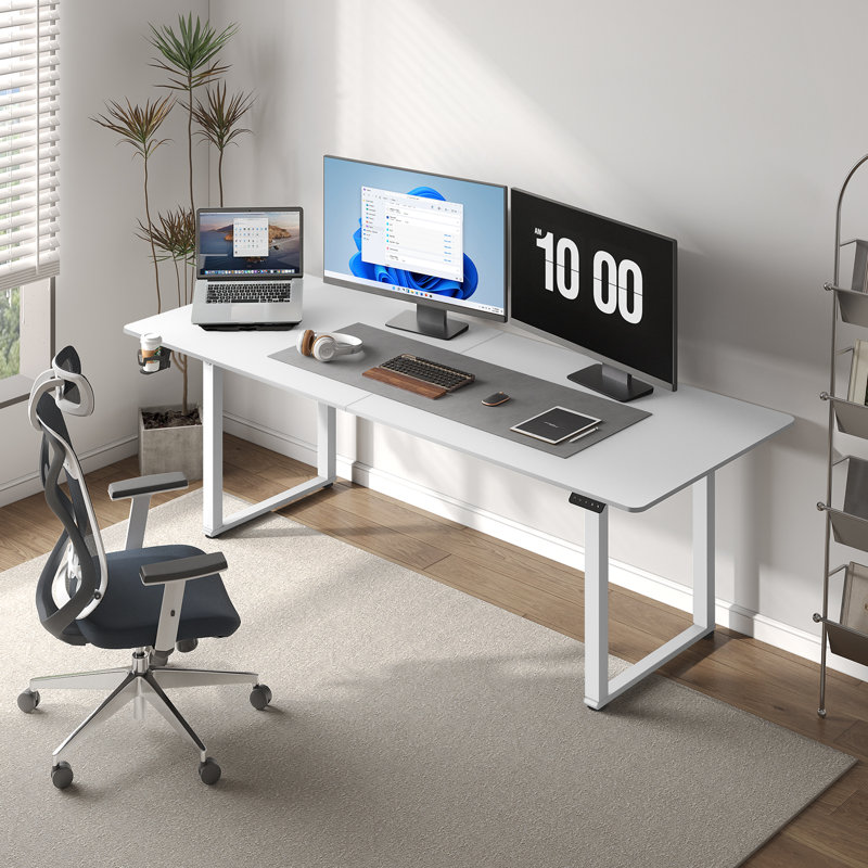 Dejanai Adjustable Metal Base Standing Desk with Power Outlet, White, 46" H x 71" W x 31.5" D