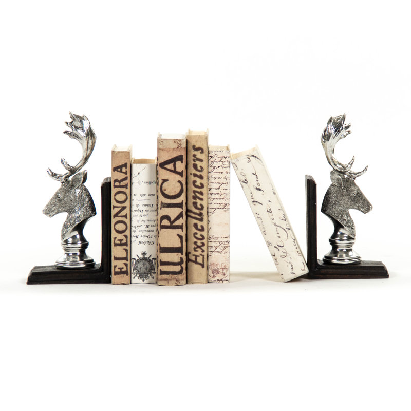 Silver Deer Head Resin Bookends with Black Base, Set of 2