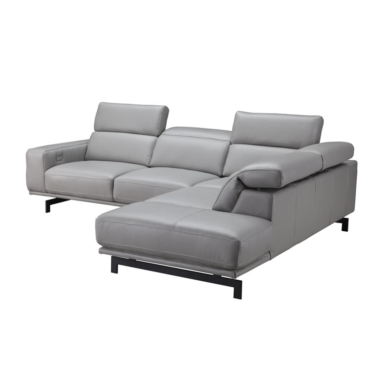 Velazco Upholstered L-Shaped Sectional, Light Grey Genuine Leather, Right Hand Facing