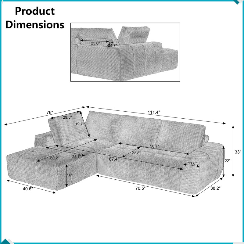 Canapé en chenille: canapé-lit modulaire kaki, aucun assemblage requis, Orienté à gauche (vu de face)