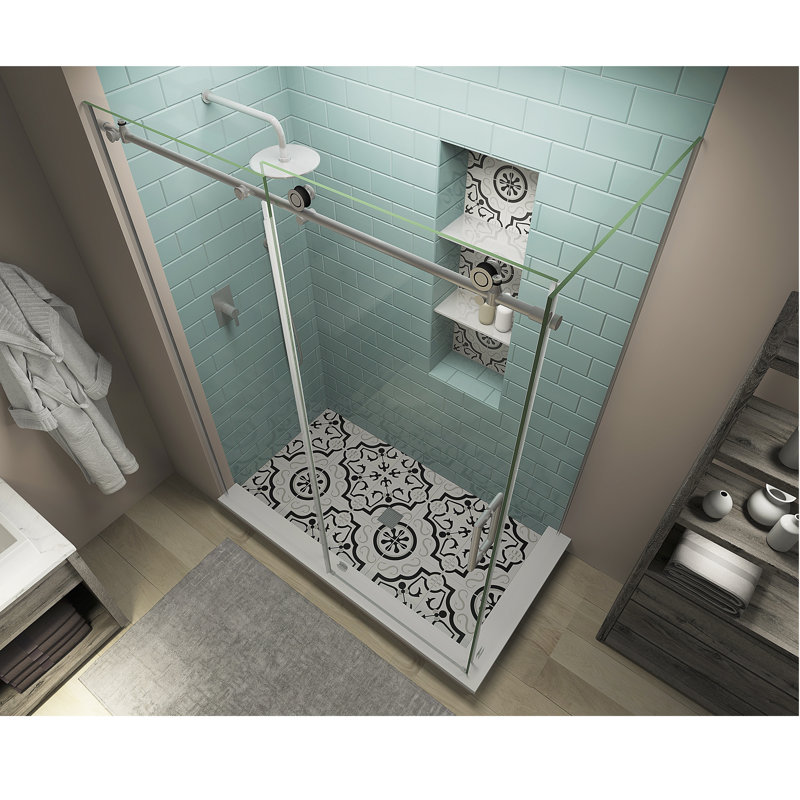 Coraline XL 64" - 68" W x 30" D x 80" H Frameless Rectangle Sliding Shower Enclosure, Right, Stainless Steel