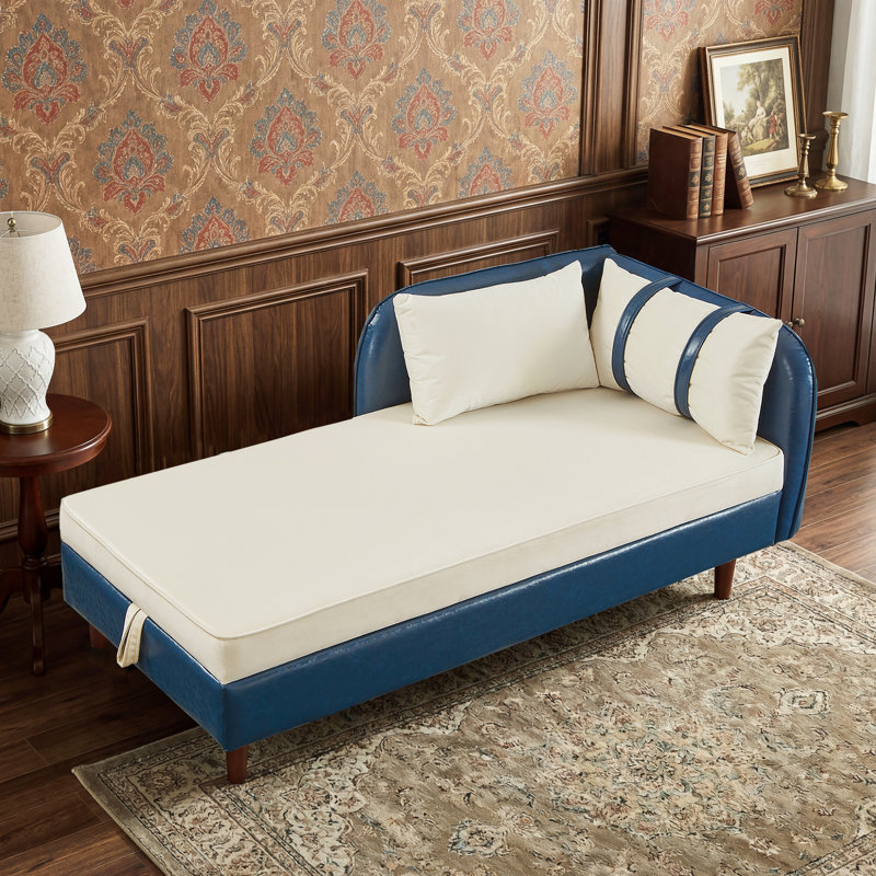 Chaise longue de rangement rembourrée avec coussins et pieds en bois, Beige / bleu