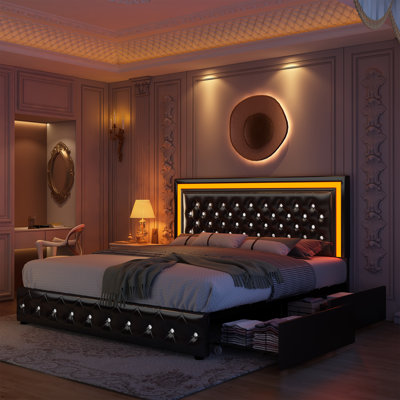 Modern Upholstered Platform Bed With 4 Storage Drawers and Led Lights, Metal Bed Frame with  Adjustable Headboard, Easy to Assembly, No Box Spring Needed,
