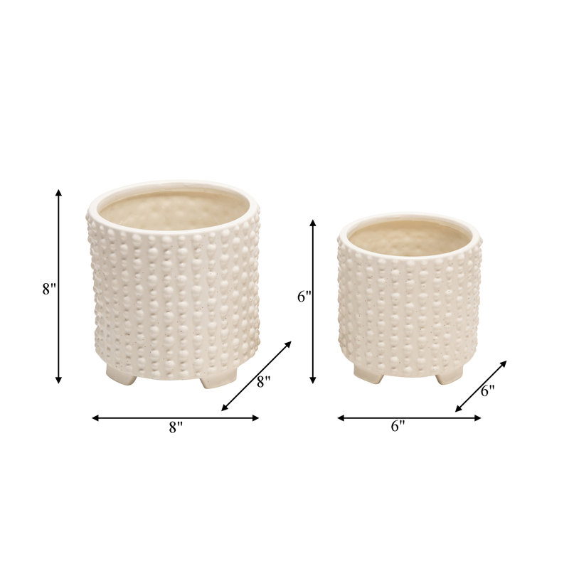 Set of 2 Ceramic Planters Indoor and Outdoor, Creamy Ivory/Beige, 8'' H x 8'' W x 8'' D