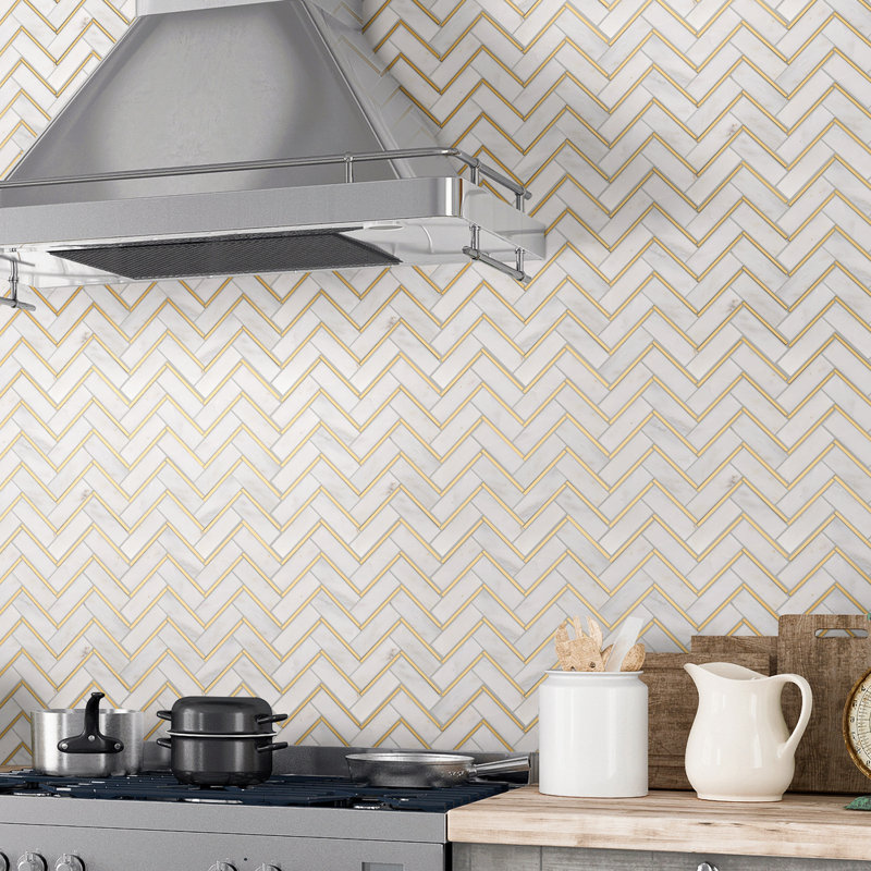 Natural Bianco 1" x 3" Marble Chevron Mosaic Wall Tile, White/Gold