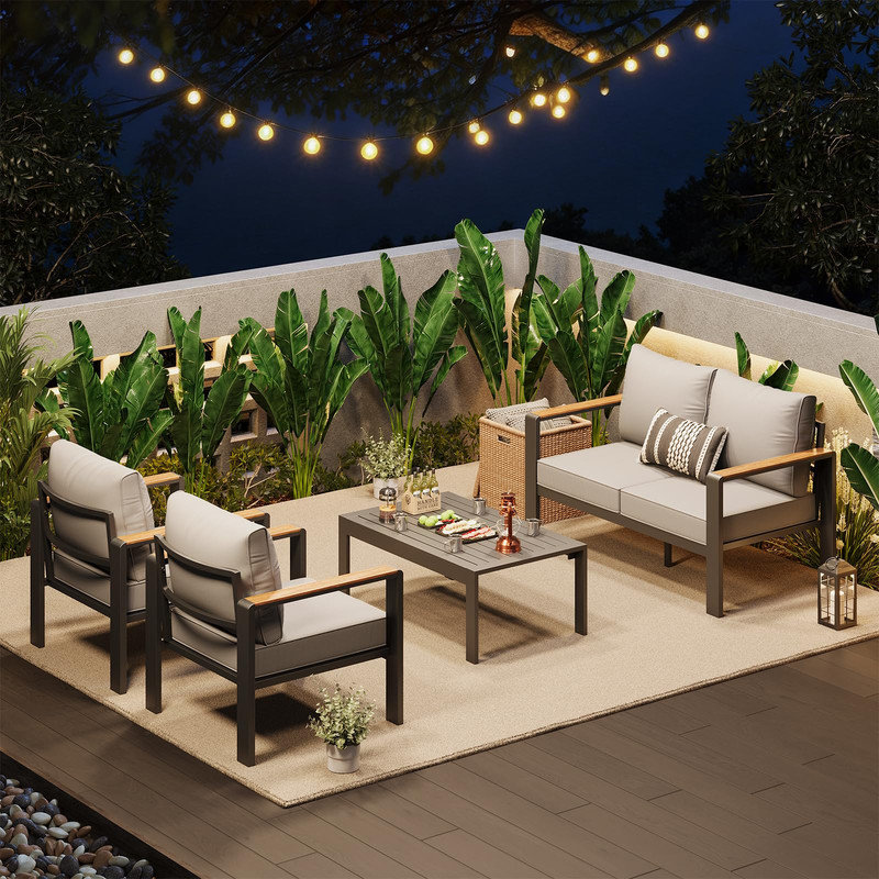 Ensemble modulaire de patio en aluminium 4 pièces avec coussins épais et table basse - Ensemble de conversation extérieur pour porche, balcon, terrasse ou cour
