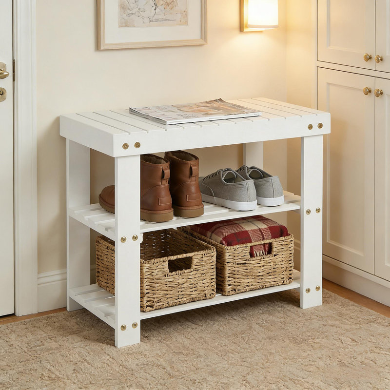 Bamboo Entryway Shoe Bench with 2-Tier Storage Shelf for Entryway and Living Room, White