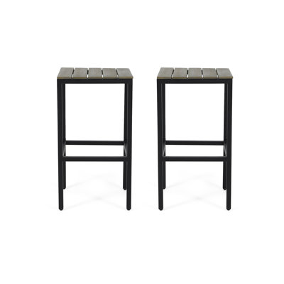Stylish Outdoor Bar Stools, Of 2. Wood With Gray Finish. Black Metal Frame And Slatted Seat. 16x16x30 Inches 2. Colors. Seat Footrest. by 17 Stories