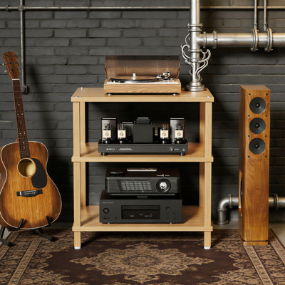 Set Of 2 Natural 3-Tier AV Media Stands, Wooden Stereo Cabinet, Game Console Shelf, Multifunctional