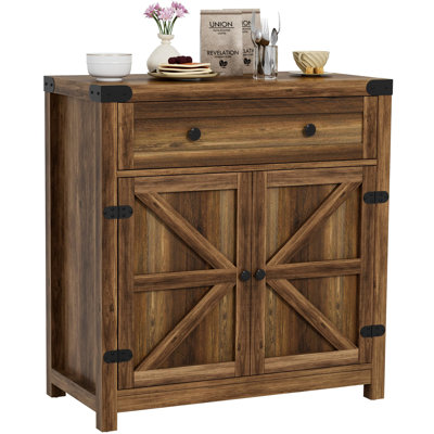 Farmhouse Coffee Bar Cabinet Sideboard with Barn Doors and Adjustable Interior Shelves