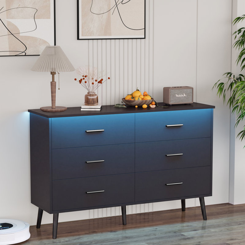 Commode à 6 tiroirs avec éclairage DEL Roselynne, commode pour chambre, Or/noir