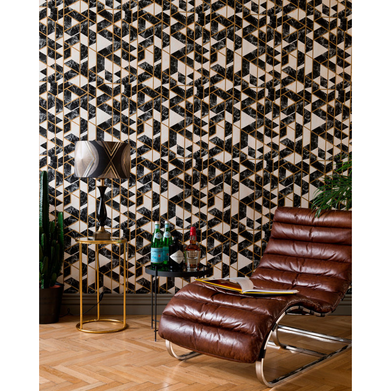 Manhattan Stone Wallpaper Roll, Black/Ivory/Gold