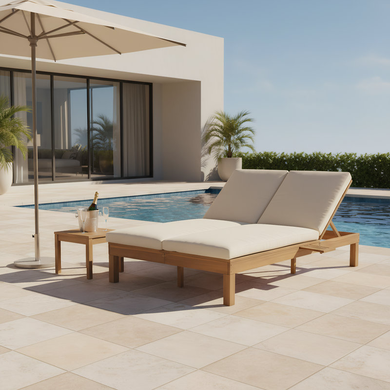 5-Position Adjustable Double Chaise Lounge with Cushion and Side Trays, Light Teak