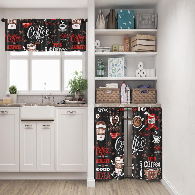 Kitchen Curtains Sets for Windows,3 Pack, Coffee Retro