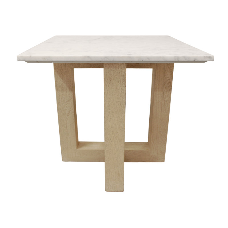 Table de bout carrée Zender avec plateau en marbre et base en bois massif, Blanc