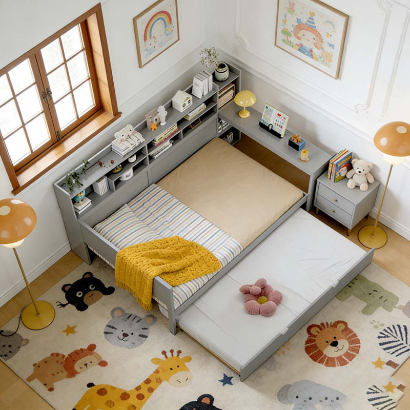 Lit de jour simple en bois avec tablettes de rangement, lit multifonctionnel avec lit gigogne simple, Gris, Lit simple
