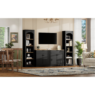 3-Piece Farmhouse Entertainment Center with Storage Cabinet for TVs Up to 70", Mid-Century TV Stand with Bookshelf, Rustic Versatile Sideboard with Adjustable Shelves for Living Room, Black