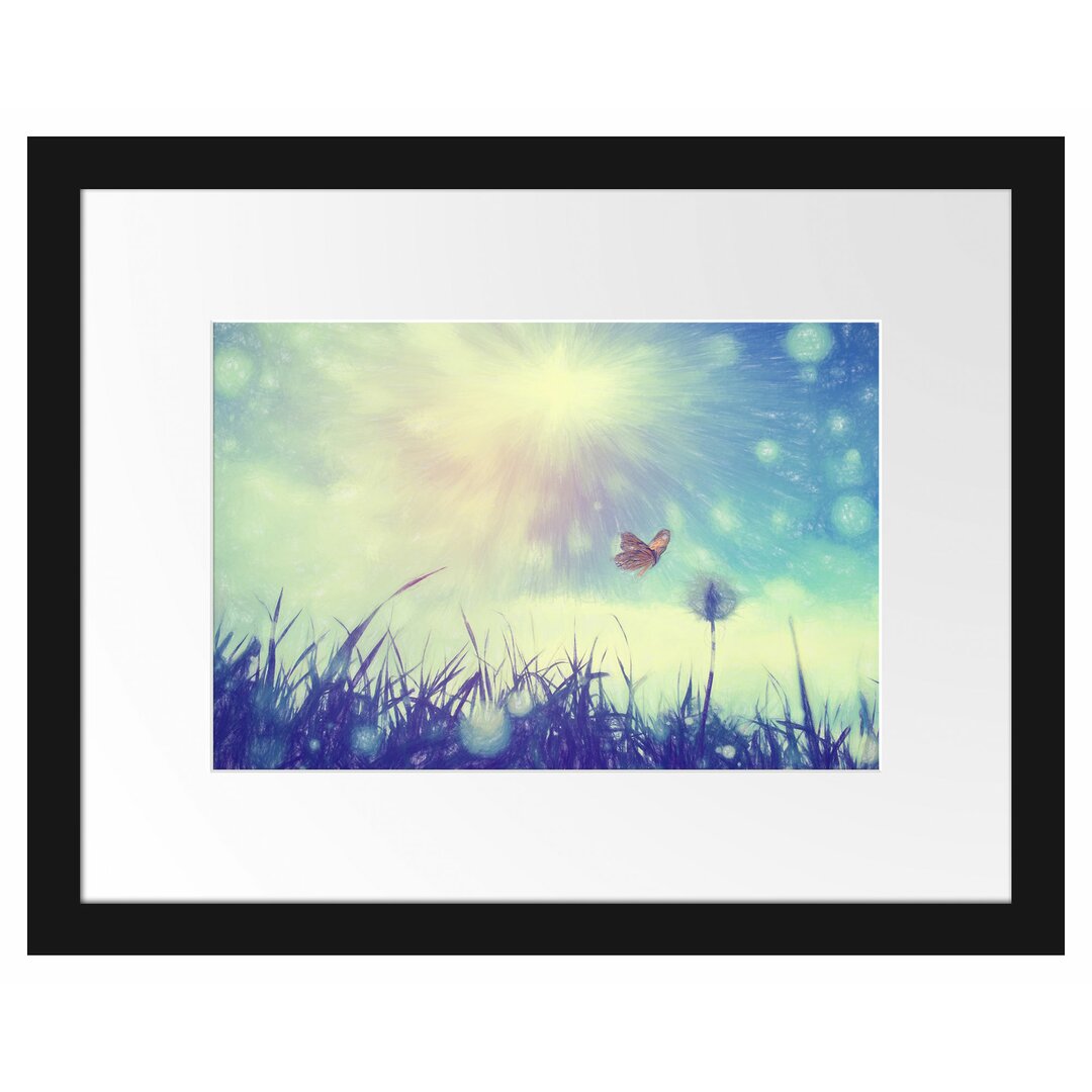 Gerahmtes Poster Schmetterling fliegt zu Pusteblume