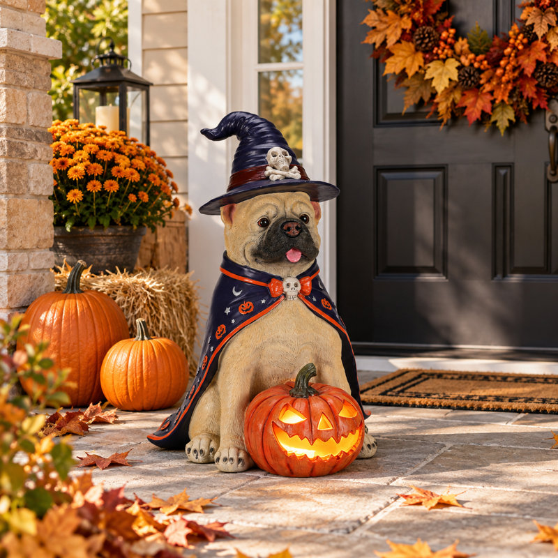 Statue lumineuse de chien pour Halloween, décoration citrouille sorcière en résine durable avec piles, 4 modèles