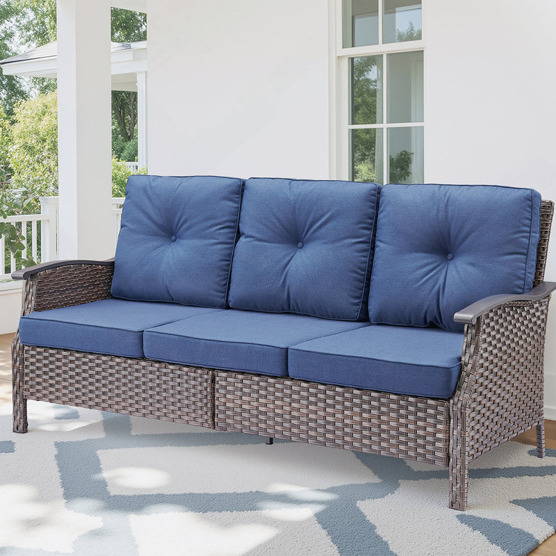 Canapé d'extérieur en osier durable de 73,4 pouces de largeur avec coussins bleus pour le confort du patio et du jardin
