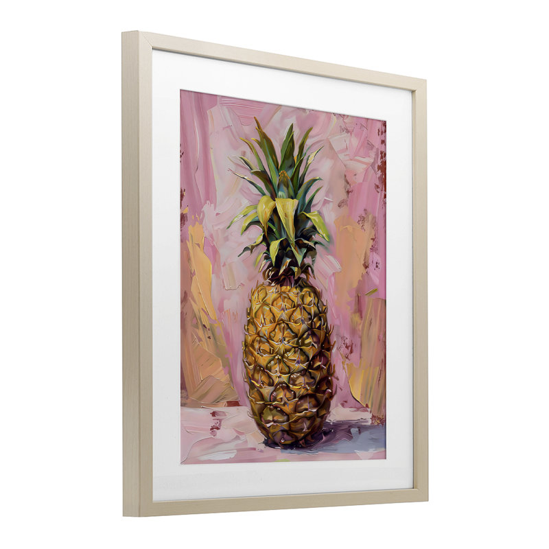 «Pineapple Bliss over Pink», reproduction encadrée sous verre, design par LSR Design Studio, Cadre de récolte en pin