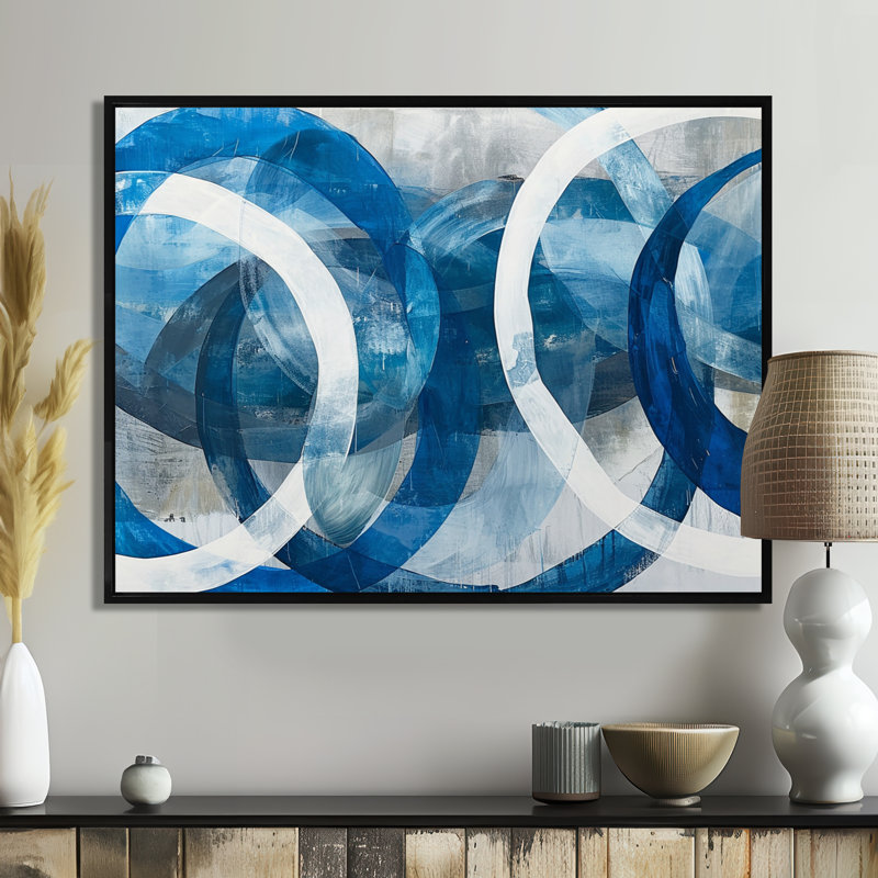 Blanc cercles bleus clairs - art mural géométrique, H 12 po x l 20 po x P 1 po, Toile avec cadre flottant noir