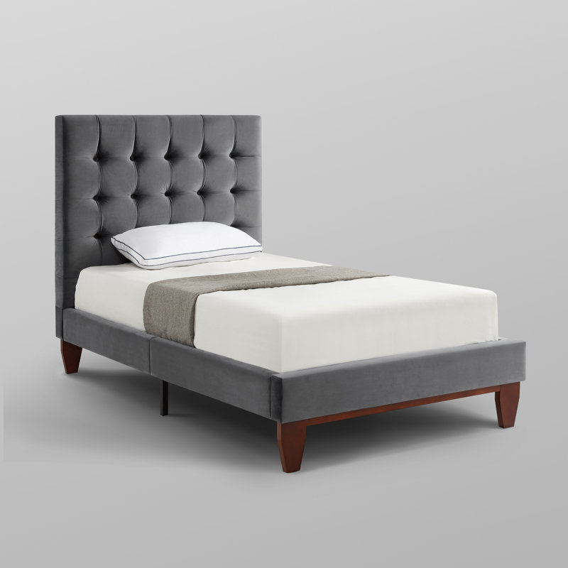 Ibison Bond Bedframe with Button Tufted Headboard, Gray, Velvet, Twin