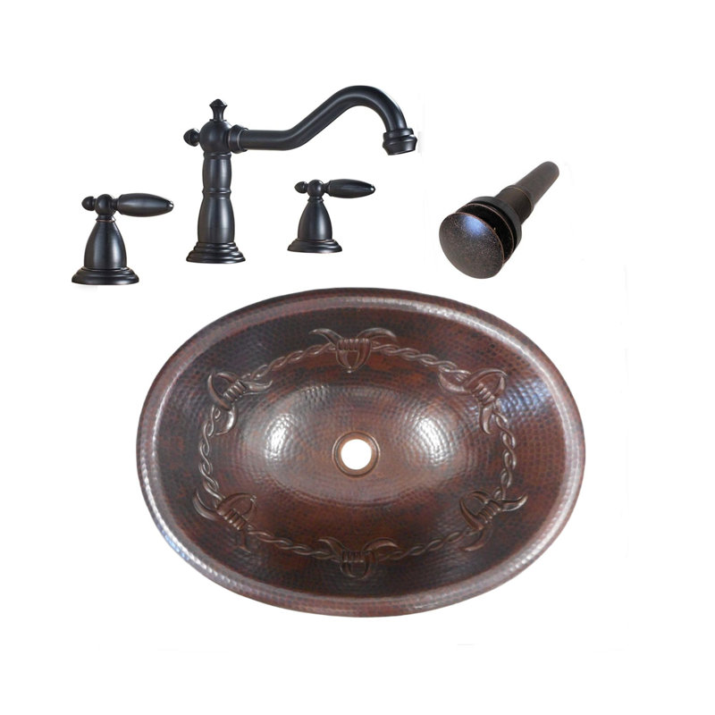 19" Oval Copper Sink Barbed Wire Design Faucet & Drain Included