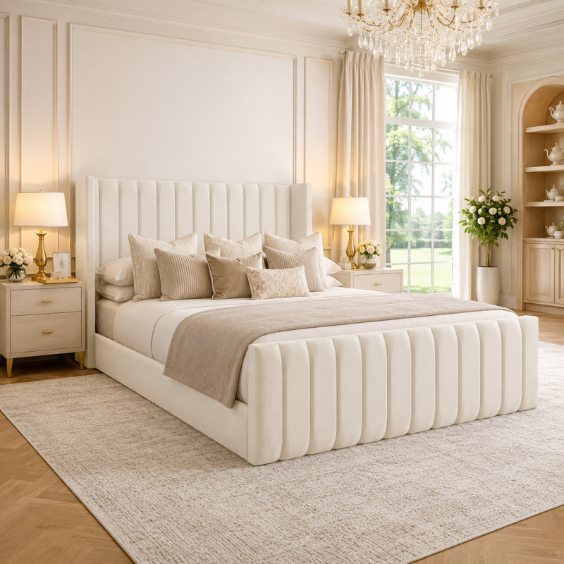 Upholstered Velvet Bed, Small Double (4'), Cream