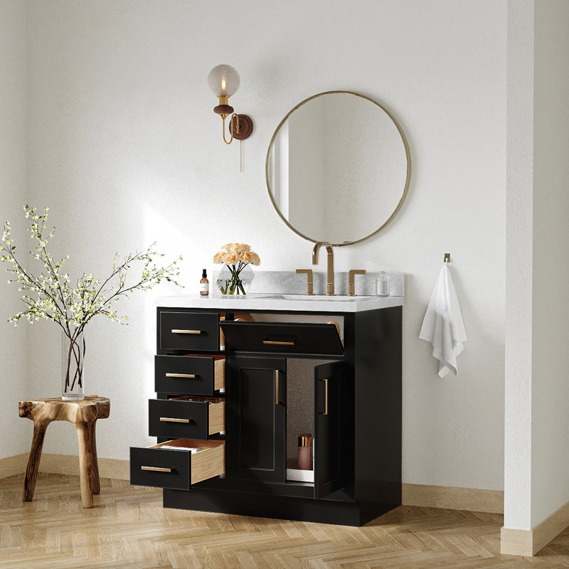 ARIEL HEPBURN 37 IN RIGHT OFFSET RECTANGULAR SINK VANITY 1,5 IN, Black/Brass, Right, Rectangular