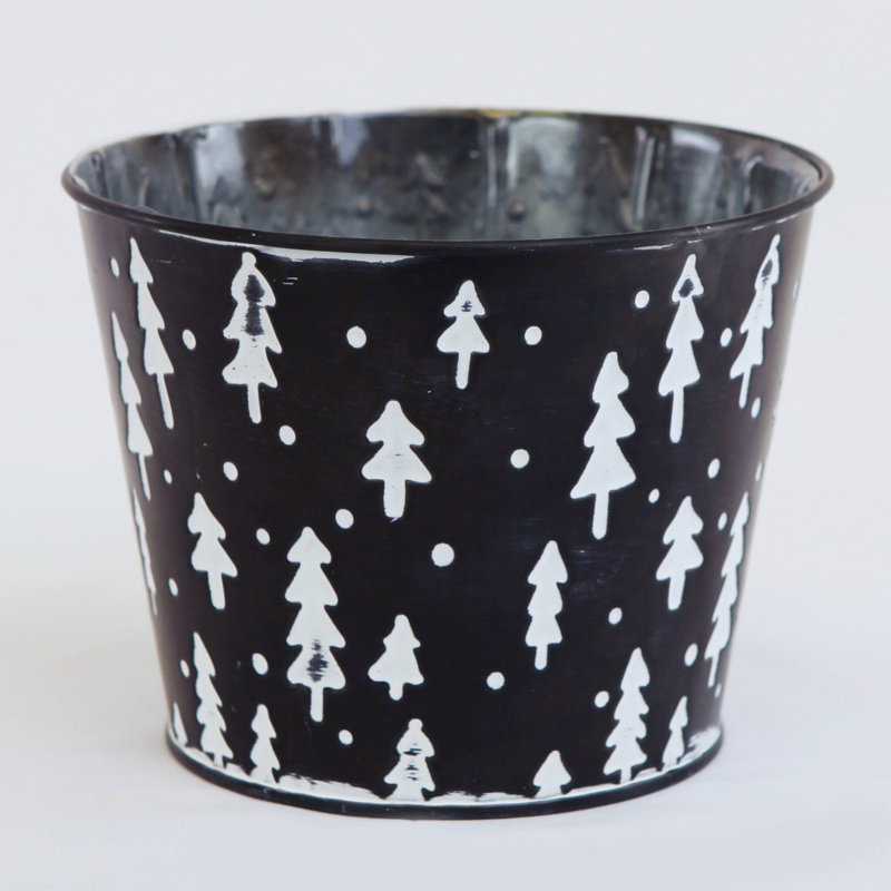Black Bucket With White Trees Planter