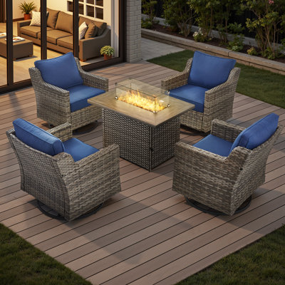 5 Piece Wicker Outdoor Furniture Set With Comfy Cushions, High Back Patio Furniture Set With Swivel Rocking Chairs And Fire Pit Table