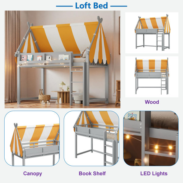 Harriet Bee Loft Bed With Canopy, Led Lights And Book Shelf - Wayfair ...