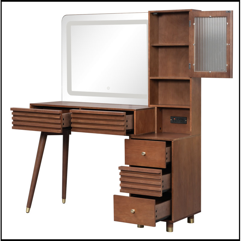 Bureau de maquillage avec miroir lumineux et 5 tiroirs, Espresso