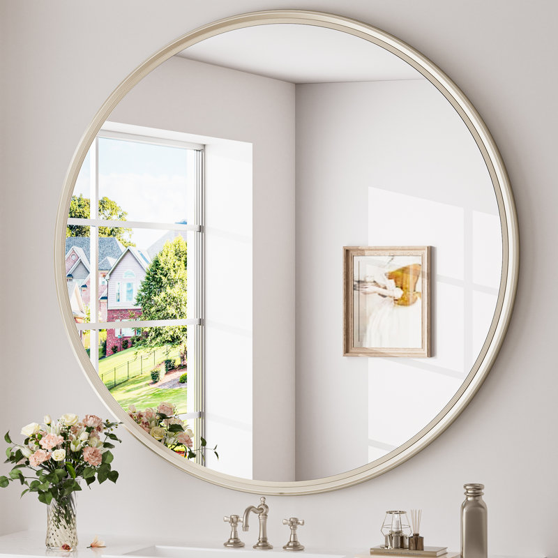 Evangelista Aluminum Alloy Framed Tempered Glass Round Wall Mirror, Brushed Nickel, 16" x 16"