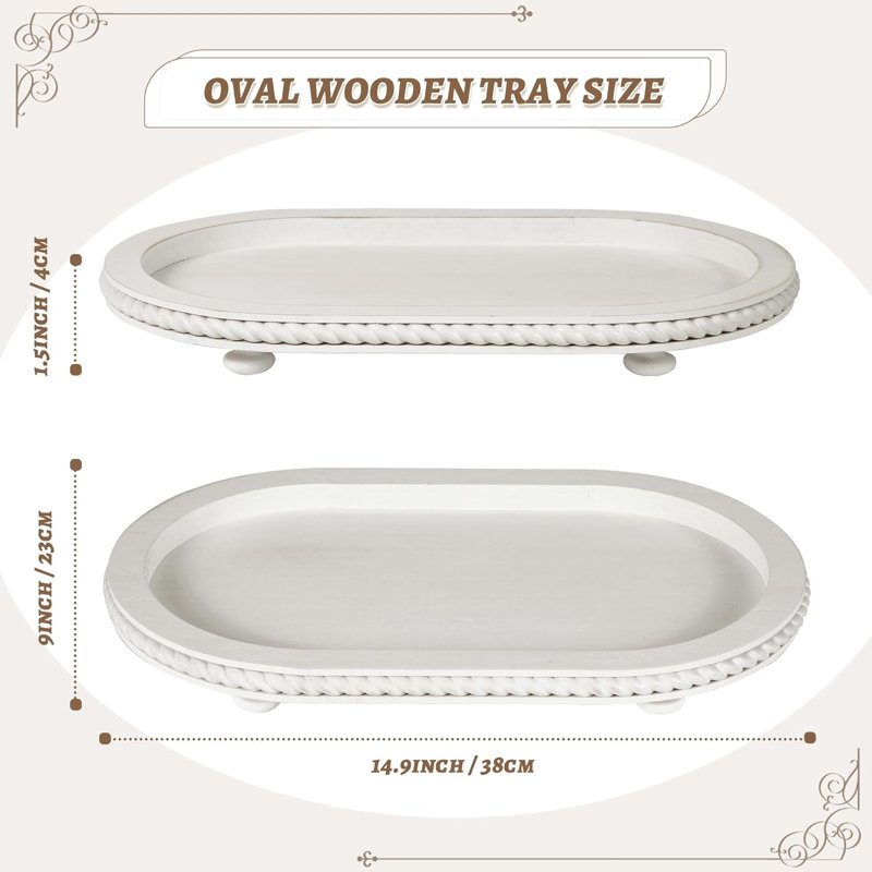 Oval Wooden Decorative Tray Set Of 2, Farmhouse Vintage Decorative Tray Stand For Coffee Table, White Serving Tray For Living Room Kitchen Home Decor - 2 Pack