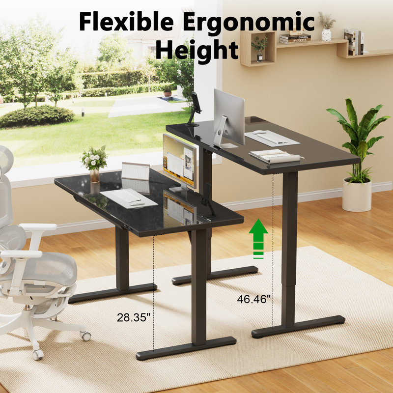 47" Glass Top Height Adjustable Standing Desk with Drawer and USB Charging, Computer Desk with LED Display and Mobile Phone Stand, Black
