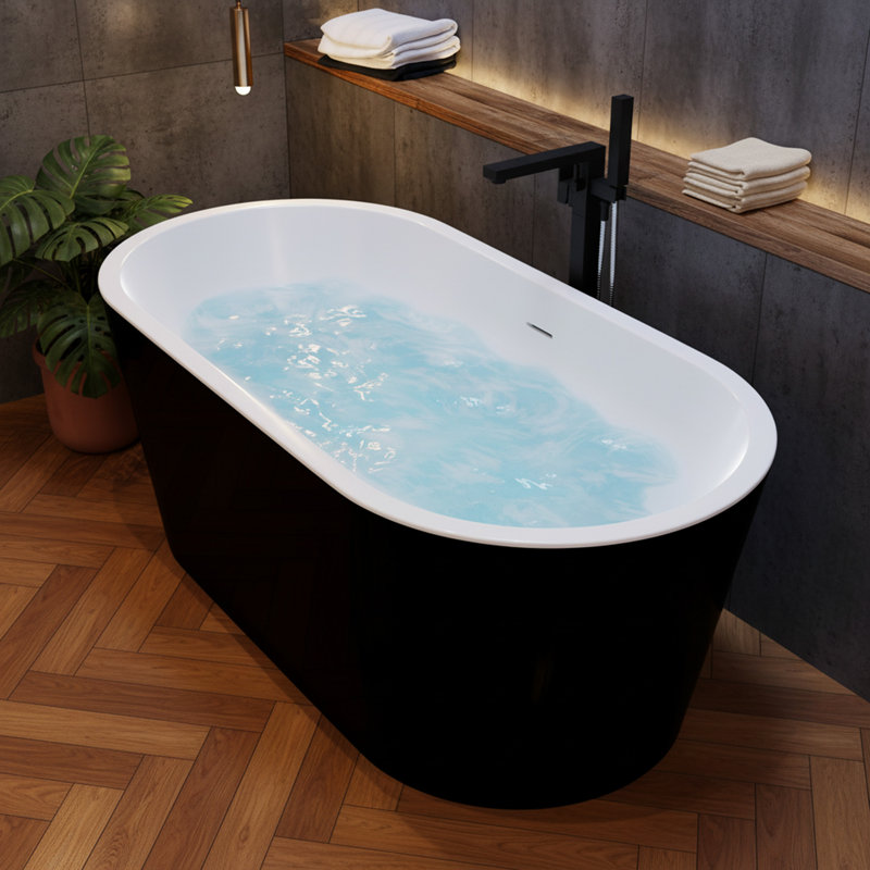 ANZZI Chand Series 59 Inch Acrylic Freestanding Pre-Plumbed Solid Deep Soaker Stand Alone Bathtub With Built-In Overflow And Drain In Black/White