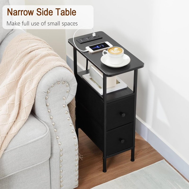 Table de bout étroite avec station de charge et tiroirs