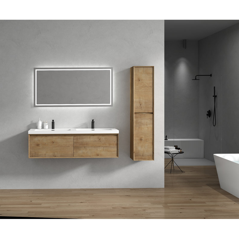 58.6" W x 19.6" D x 17.7" H Wall-Mounted Double Bathroom Vanity, White Oak