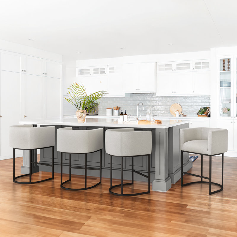 Clodomira 27" H Counter Height Bar Stools Set Of 4, Modern Barrel Counter Stools With Backrest And Arms, Metal Frames, Upholstered Accent Barstools For Kitchen Island