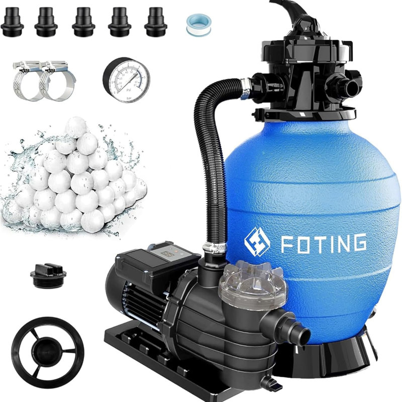 Pompe à sable pour piscine hors-terre avec minuterie, pompe à piscine 7 voies FOTO, filtre à sable pour filtration et circulation à haute efficacité, 13 pouces, 1HP 3800GPH
