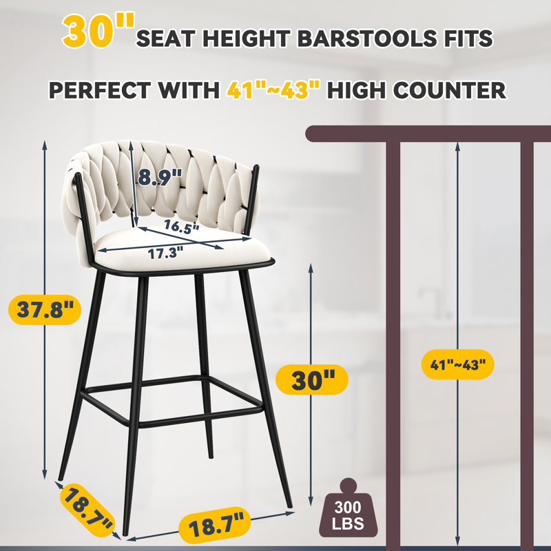 Upholstered Counter & Bar Stool With Curved Weaving Design (Set Of 4), Black, Ivory, Bar Stool (30" Seat Height)