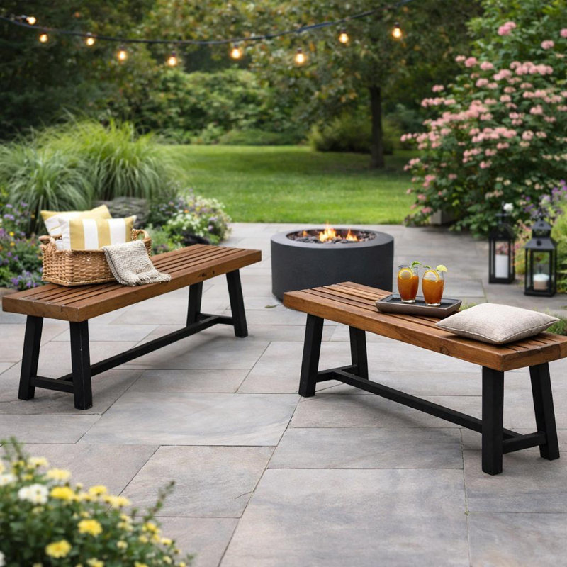 Ensemble de 2 bancs d'extérieur, plateau à lattes, H-Stretcher brun et noir, 63 pouces