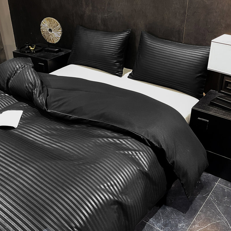 Literie Orylavena en microfibre à rayures satinées noires avec 2 taies d'oreiller, format King, 3 pièces (garnitures non comprises)