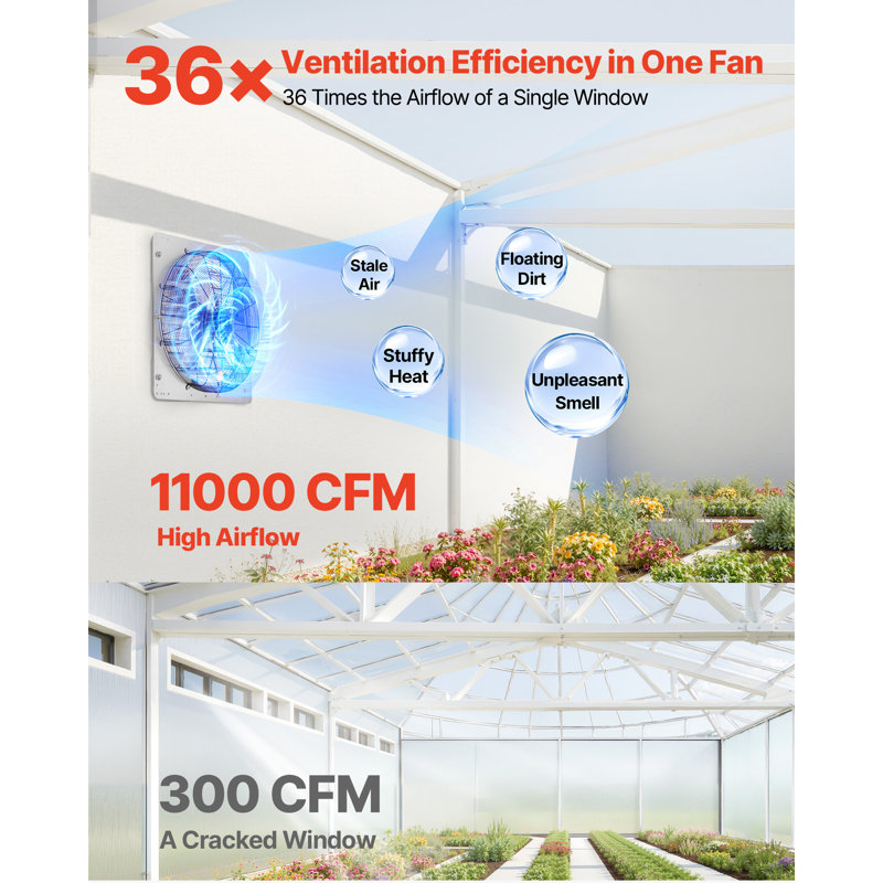 36 inch Shutter Exhaust Fan, Wall Mounted Attic Vent Fan with 11000 CFM Airflow, AC Motor, Heavy-duty Steel Construction, Low Noise for Shed, Garage, Greenhouse Ventilation Cooling, Silver